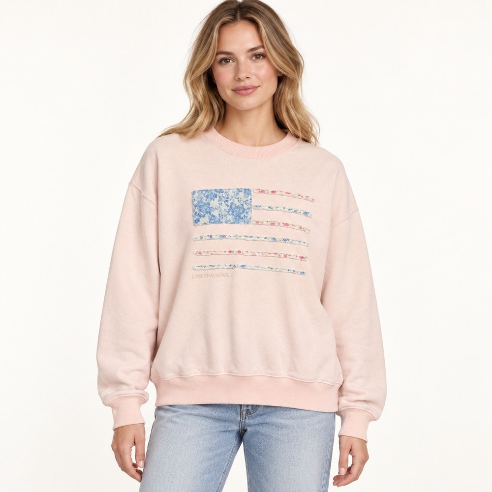 LoveShackFancy Pink Floral American Flag Crewneck Sweatshirt XS/S